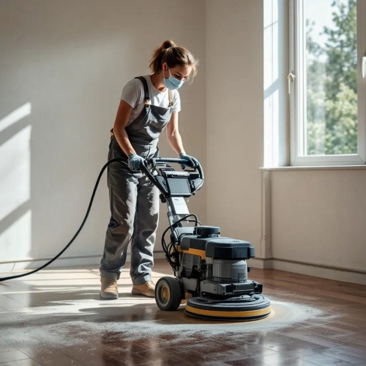 A female flooring tradesperson using a professional industrial floor sanding machine